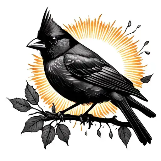 Black Cardinal with sun outline and leaves tattoo design idea