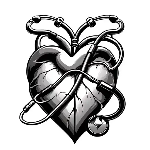 A tattoo design featuring an abstract heart symbol intertwined with a stethoscope, representing healing. The stethoscope tattoo design idea