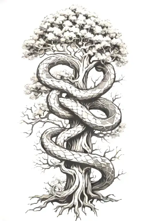 snake wrapped around a full oak tree with branches  tattoo design idea