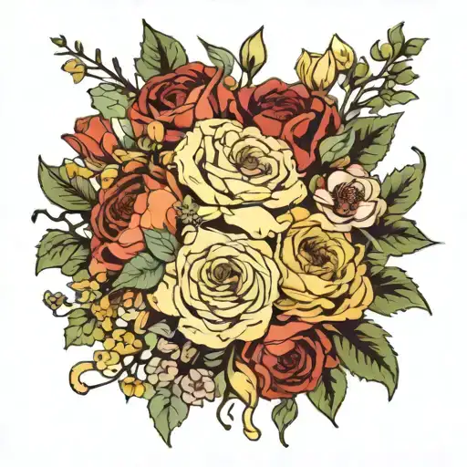 bouquet of flowers with mums, roses, marigolds, poppy, honeysuckle, narcissus, sweetpea, hawthorn, primrose, and carnati tattoo design idea