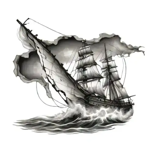 Create a realistic tattoo design centered around a weathered ship with torn sails, symbolizing life’s storms and battles tattoo design idea