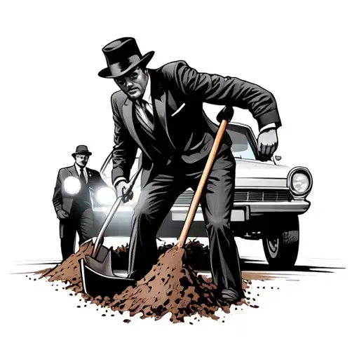 mafia digging a hole for men in suits with a shovel and a car with the headlight on behind them realistic tattoo design idea