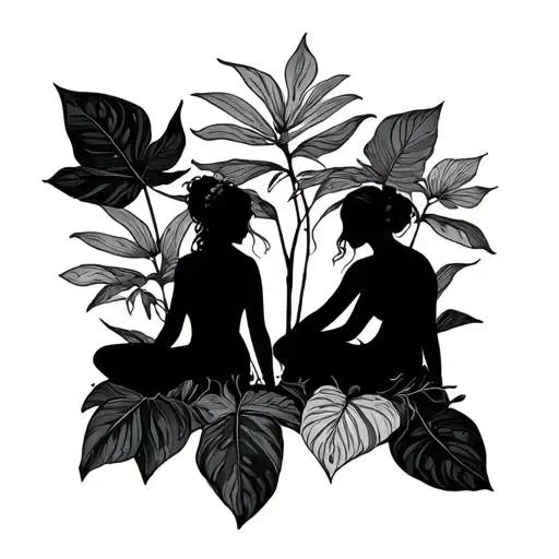 little women silhouettes sitting on on philodendron leaves fine line tattoo design idea