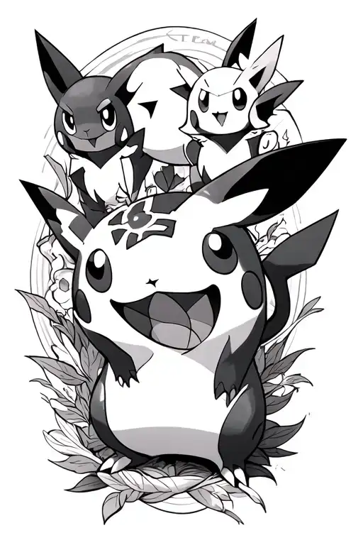 black and grey pokemon full tattoo sleeve with at least 4 pokemon tattoo design idea