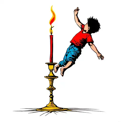young boy with shaggy short hair jumping over a candlestick. 5-5-17 in the candlestick base. flame of candle is colored tattoo design idea