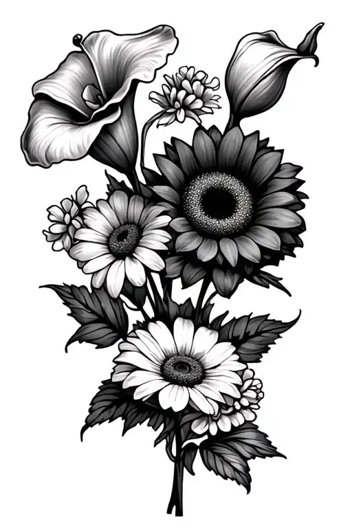 calla lily, gerbera daisy, roses, bluebonnet, daisies, carnations, forget me not flowers, sunflowers tattoo design idea