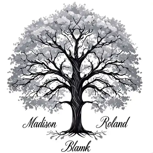 names on a family tree. The names are: Madison, Roland, Naomi and Blank.  tattoo design idea