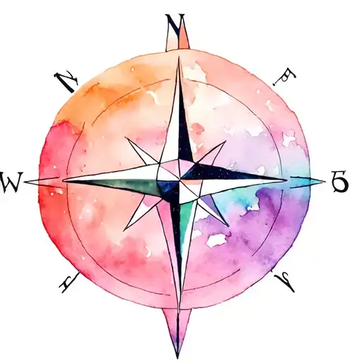 Give me a minimalist watercolor tattoo with a compass rose (north blue zircon, south rose quartz, west emerald green, ea tattoo design idea