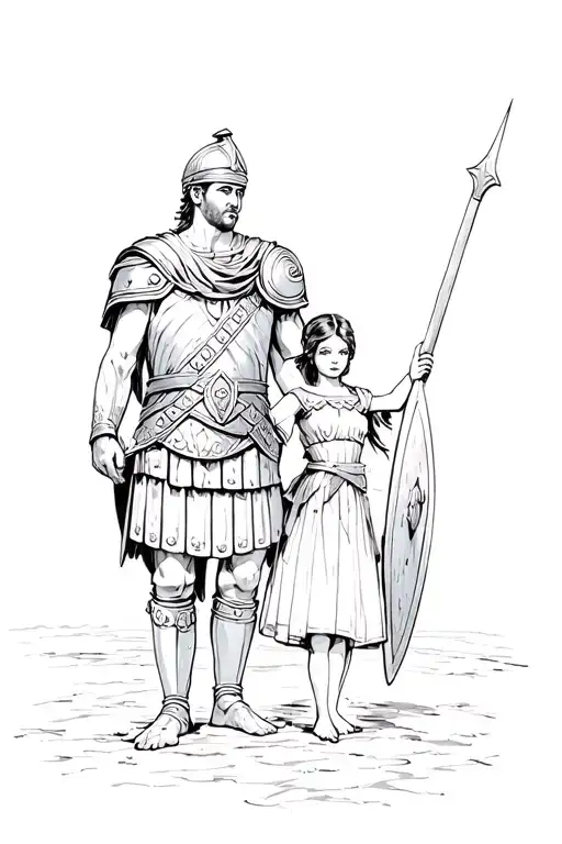 Roman soldier standing with a shield protecting a girl behind him tattoo design idea