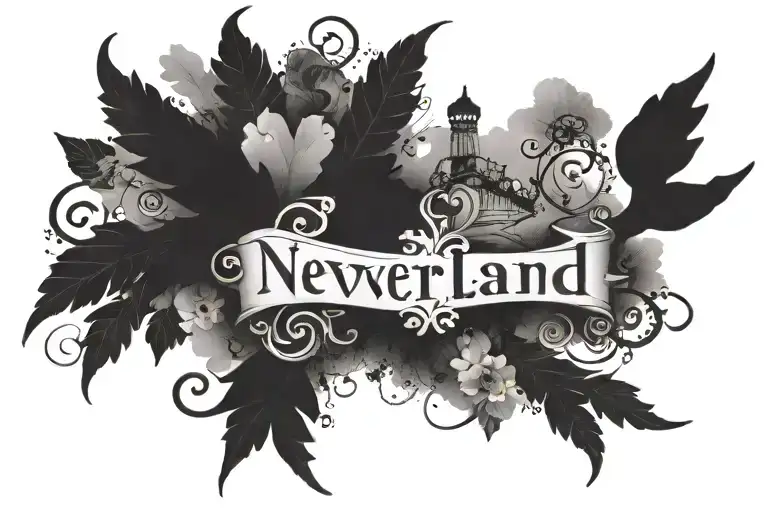 The word "neverland" with the peter pan theme forearm tatoo, minimalist tattoo design idea