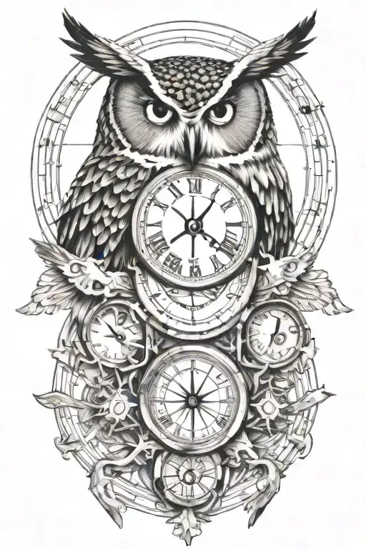 earth, moon, compass, time, owl, phoenix tattoo design idea