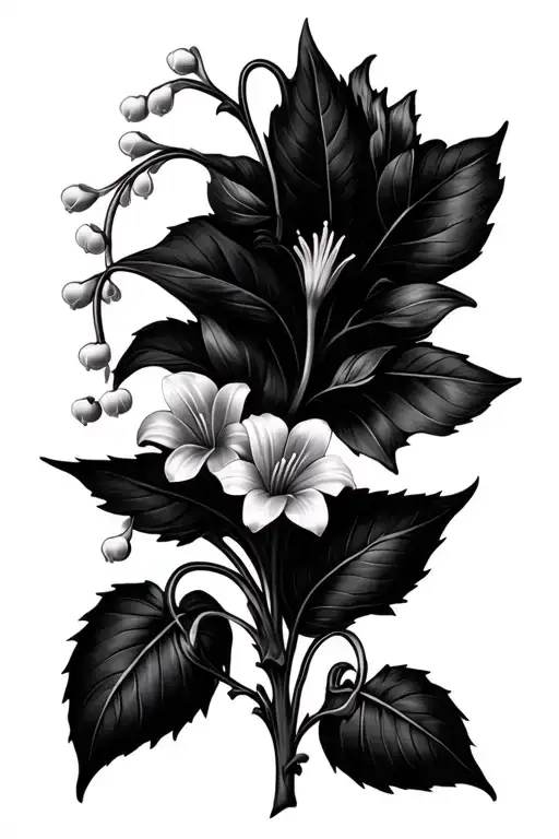 ornamental black out gothic style with small Lily of the valley flowers for the throat tattoo design idea