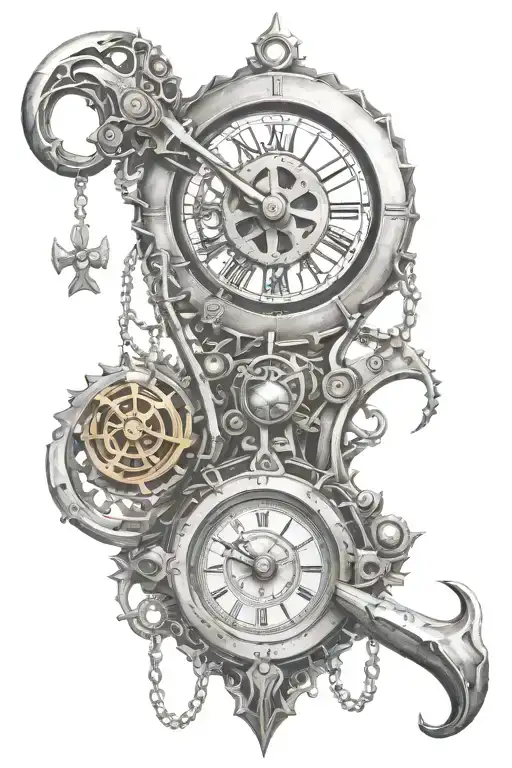 mechanical pendulum hanging from reapers scythe  tattoo design idea