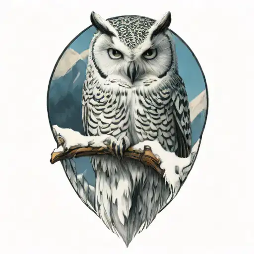 snow owl sitting with blue eyes covering half tattoo design idea