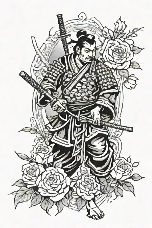 samurai surrounded by roses on fire tattoo design idea