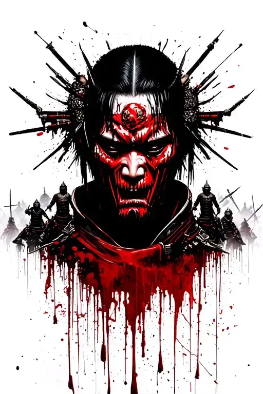 Samurai rotting face blood dripping in to a battlefield of samurai warriors silhouettes  tattoo design idea