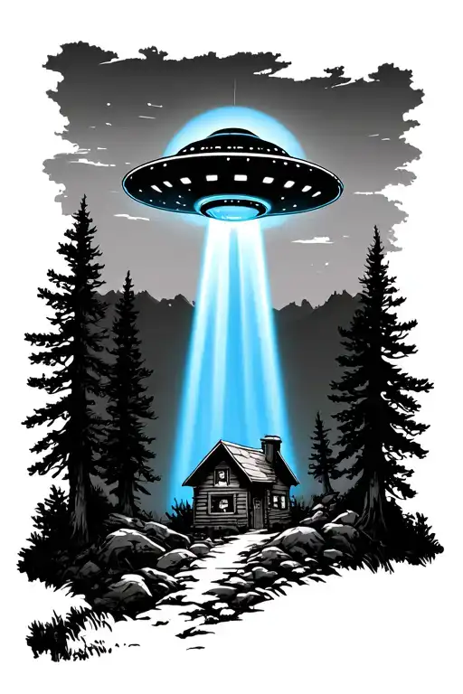 ufo with blue beam over a small cabin in the woods tattoo design idea