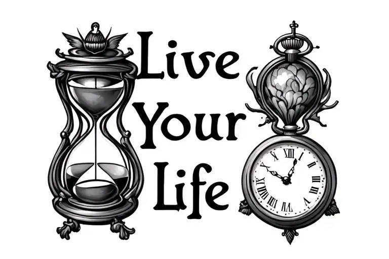 "Live Your Life" "Live Your Life" hourglass and pocket watch background creatures tattoo design idea