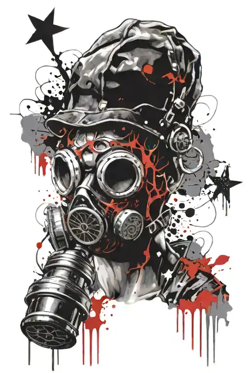gas mask, skull above it, pentagram above them tattoo design idea