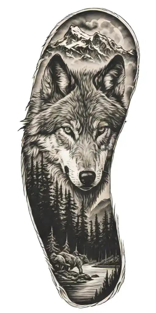 wolf  and woods and mountains tattoo design idea