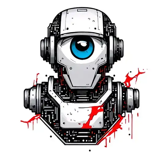 Black and white sketch of tattoos with a blue round eye of the robot in the printed circuit board microcircuits with red cracks tattoo design idea
