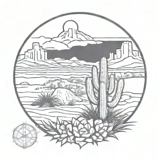 Desert landscape with a mesa . a flower for a sun in an oval floral guaro border and a yucca shrub tattoo design idea