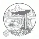 Desert landscape with a mesa . a flower for a sun in an oval floral guaro border and a yucca shrub tattoo design idea
