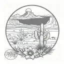 Desert landscape with a mesa . a flower for a sun in an oval floral guaro border and a yucca shrub tattoo design idea