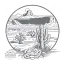Desert landscape with a mesa . a flower for a sun in an oval floral guaro border and a yucca shrub tattoo design idea