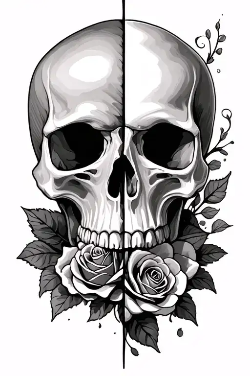 Half soft skull, no harsh edges. Half roses. Split lengthways tattoo design idea