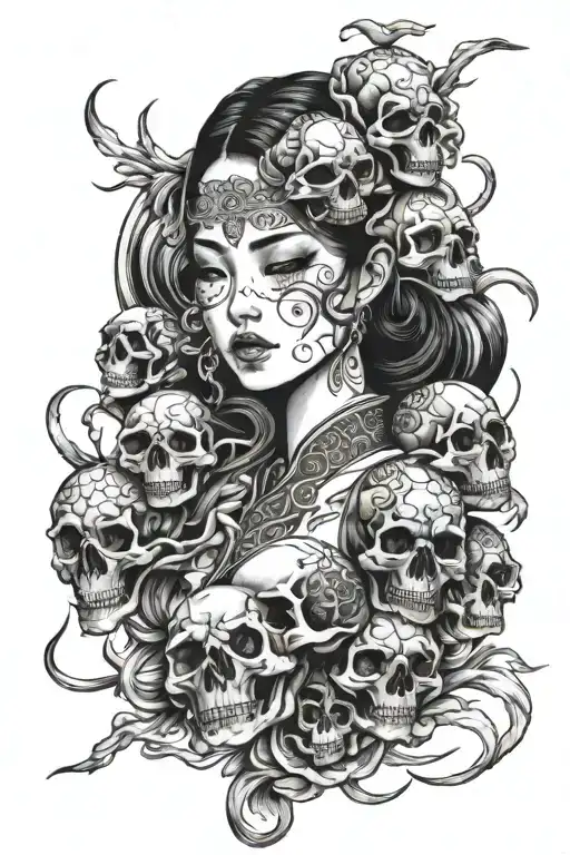 beautiful japanese woman with skulls, overlap tattoo design idea