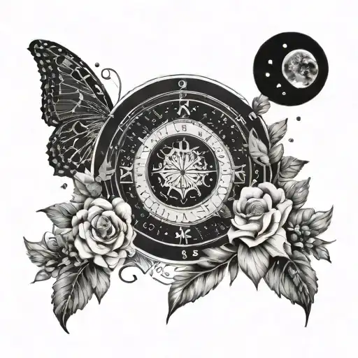 A celestial scene with the name Zendaya incorporated into the stars and planets, surrounded by flowers and butterflies, and the roman numerals III_XXVIII_MMXXIII tattoo design idea