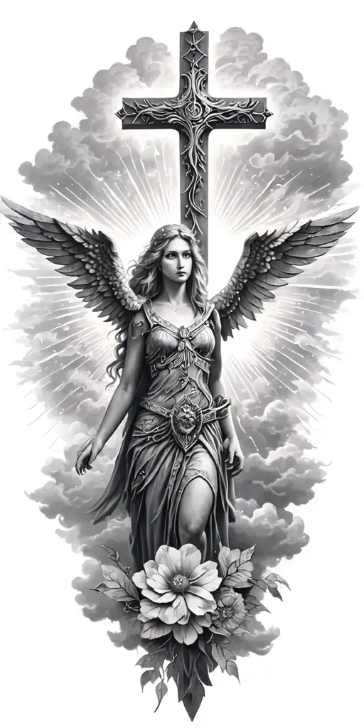 norse Valkyrie, clouds, rays, a cross, heaven, floral tattoo design idea