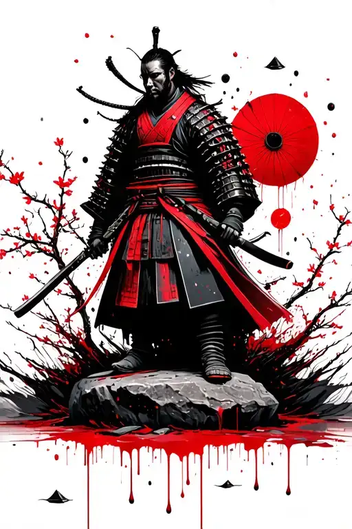 A samurai stands on a stone, blood drips from the stone, and a samurai is surrounded by falling sakura trees tattoo design idea