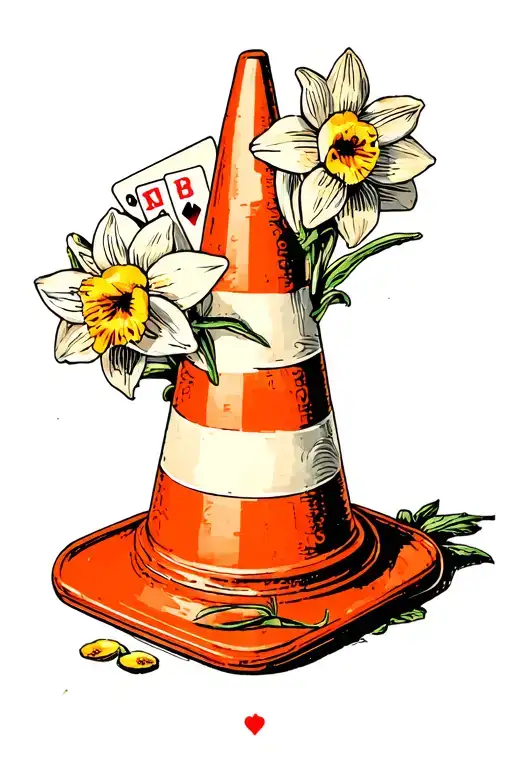 traffic cone with narcissus flowers and playing cards tattoo design idea