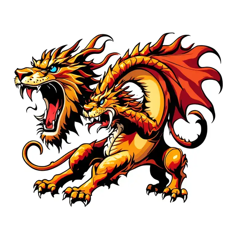 dragon with blue eyes fighting a lion roaring tattoo design idea