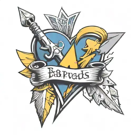 blue and yellow heart shape, three arrowheads, Baby Huw written tattoo design idea