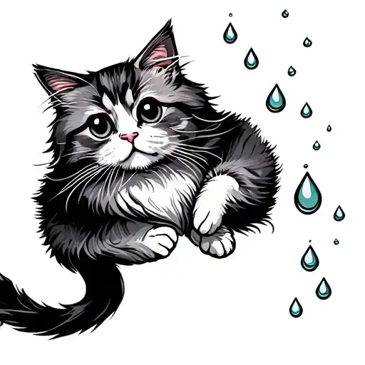 persian cat playing with droplets tattoo design idea