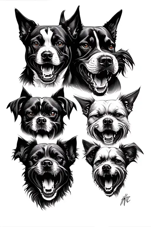 a pack of angry dogs face tattoo design idea