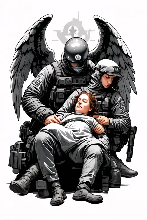 combat medic saving patient with angel guarding them tattoo design idea