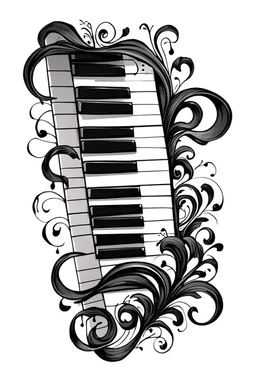 Notes, piano keys, many curls on a white background tattoo design idea
