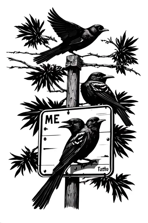 two black birds on a highway sign laughing at me tattoo design idea