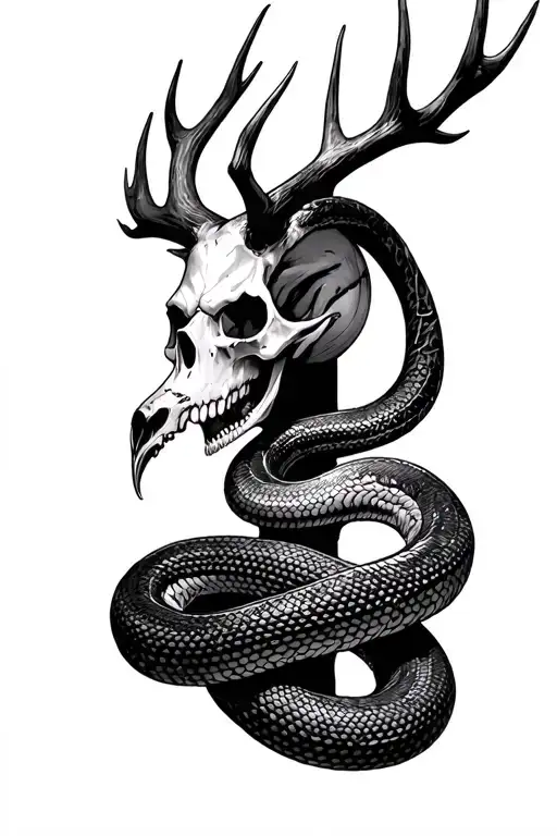 Wendigo skull with a snake going vertically tattoo design idea