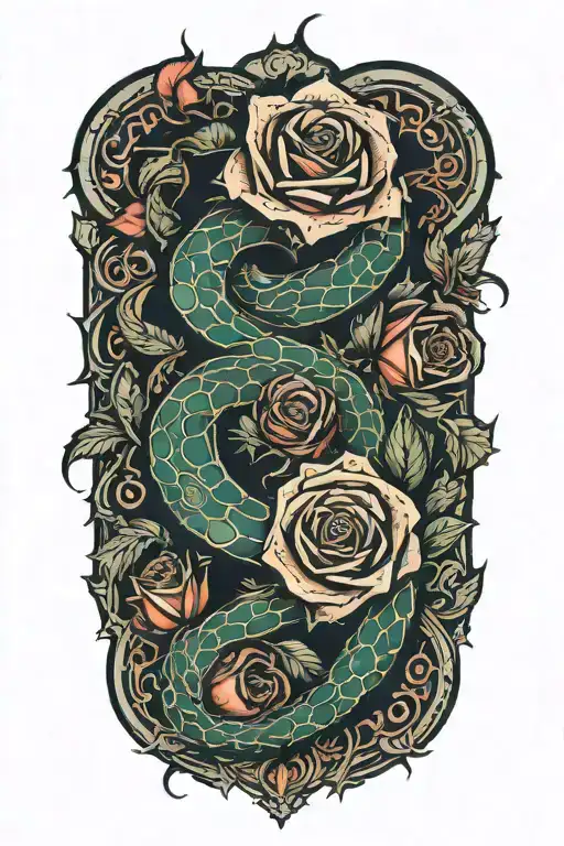 Fractal serpent rising from knee, coiling around a flaming rose blooming on the thigh, glowing with light. tattoo design idea