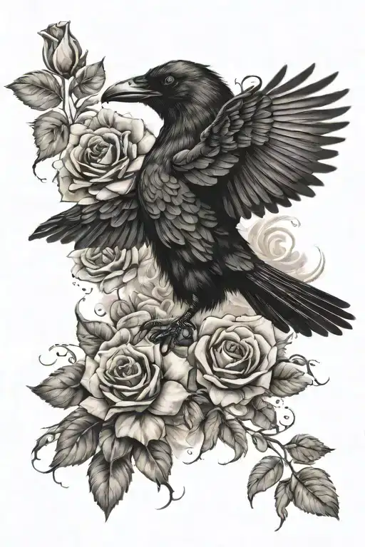 crow flying with roses surrounded tattoo design idea
