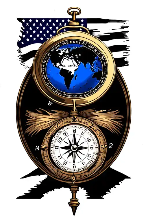compass surrounded by various, clock, old school world map, with a thin blue line flag, we the people tattoo design idea