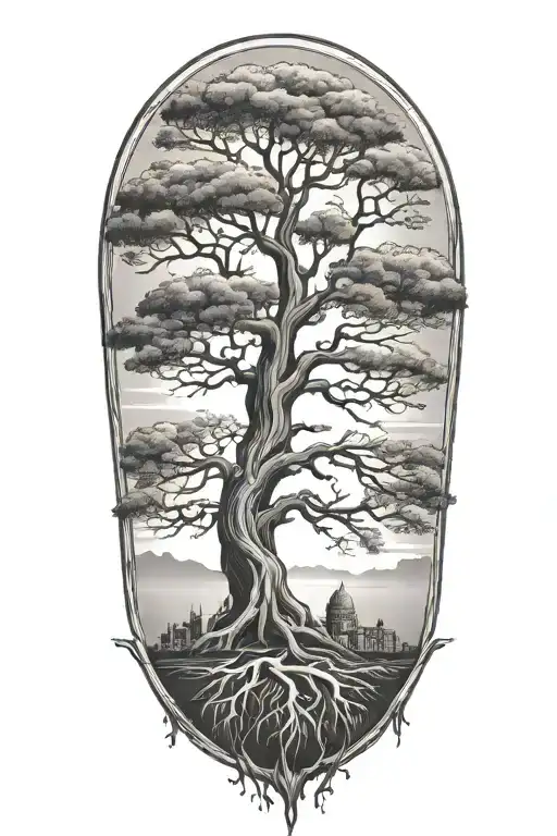 A tattoo of a tree with roots shaped like historical landmarks, symbolizing your favorite things of nature and history tattoo design idea