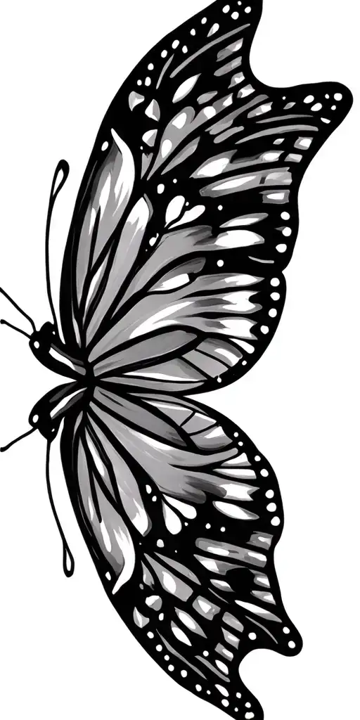 Realistic blackwork tattoo of a symmetrical butterfly in the center, detailed with fine line shading and dotwork tattoo design idea