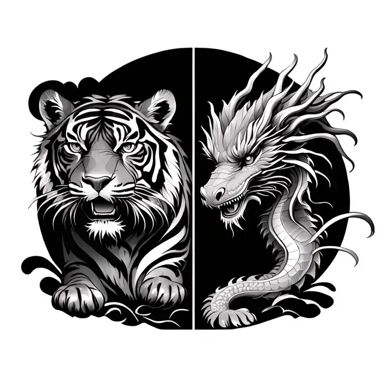 Large Asian tattoo, a tiger on the left, a dragon on the right, Lycoris Radiata tattoo design idea