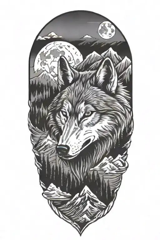 wolf and mountains tattoo design idea